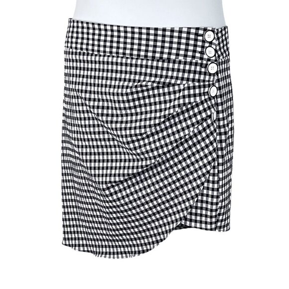 Zara Womens L Black White Gingham Mini Skirt Crossover Button Detail Coquette - Picture 2 of 15